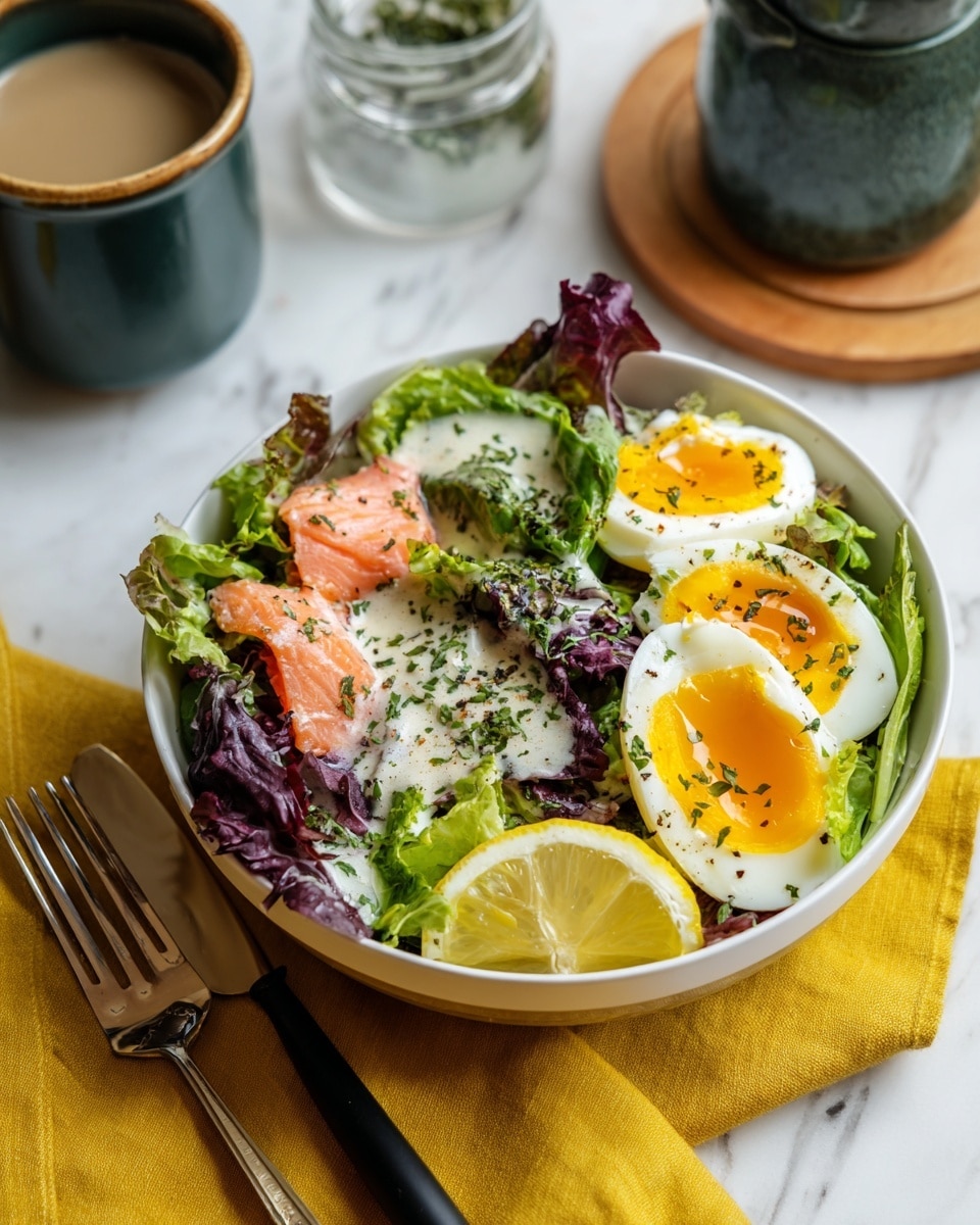 A white bowl holds a fresh salad with three main visible layers: a base of mixed green leaves including light and dark green lettuce and some purple leaves, topped by slices of soft-boiled egg with bright orange yolks sprinkled with black pepper and chopped herbs, and pieces of pink smoked salmon scattered throughout. A lemon wedge rests on the edge of the bowl. The salad is drizzled with a light creamy dressing. The bowl is placed on a white marbled surface with a yellow cloth and black and silver fork beside it. In the background, there is a small glass jar on a wooden board and a dark green ceramic cup. Photo taken with an iphone --ar 4:5 --v 7