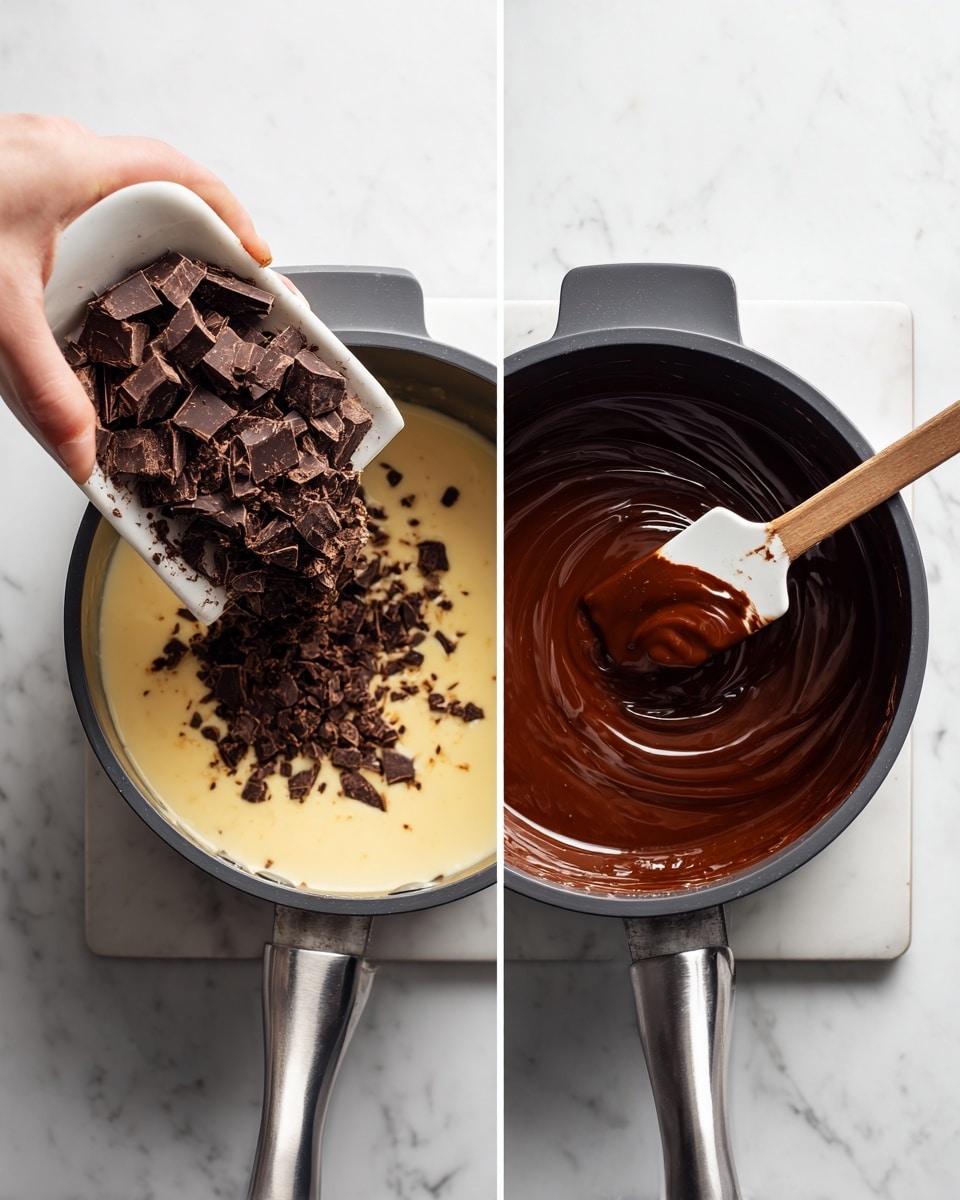 The image shows two side-by-side photos of a cooking pot on a white marbled surface. On the left, a woman's hand is pouring dark chopped chocolate chunks from a white cutting board into a pot full of pale yellow cream. On the right, the same pot holds smooth, thick, dark brown chocolate mixture being stirred with a white spatula that has a small amount of chocolate on its edge. The pot is dark gray with a silver handle in both images. photo taken with an iphone --ar 4:5 --v 7