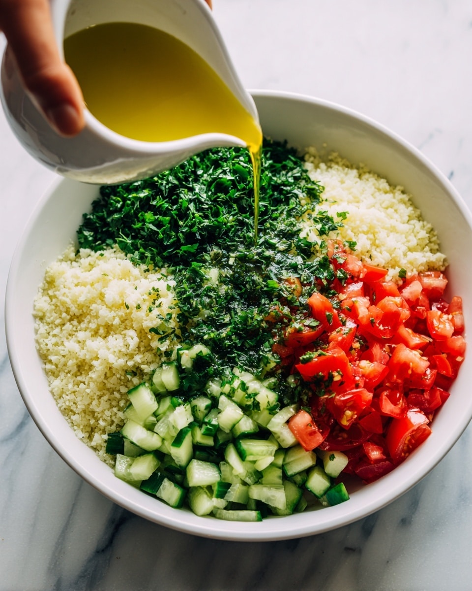A white bowl contains four separate piles of finely chopped ingredients arranged in a circle: white cauliflower rice at the bottom left, dark green chopped herbs at the top left, light green chopped cucumbers at the top right, and red diced tomatoes at the bottom right. A woman's hand is pouring golden olive oil from a small white pitcher onto the center of the bowl, hitting the green herbs in the middle. The bowl rests on a white marbled surface. The photo taken with an iphone --ar 4:5 --v 7