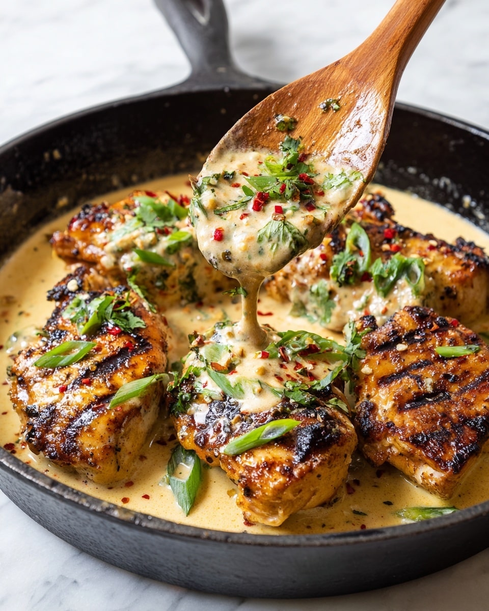 A white speckled bowl holds three layers: the bottom layer is white fluffy rice spread evenly, the middle layer is a light creamy sauce with visible slices of onions, and the top layer is a golden-brown grilled piece of chicken placed at the center. Fresh green cilantro and sliced green onions are sprinkled over the dish, adding a pop of color. Small red chili flakes are scattered on top, giving a hint of spice. The bowl is set on a white marbled surface with a deep blue spotted texture background visible. Photo taken with an iphone --ar 4:5 --v 7