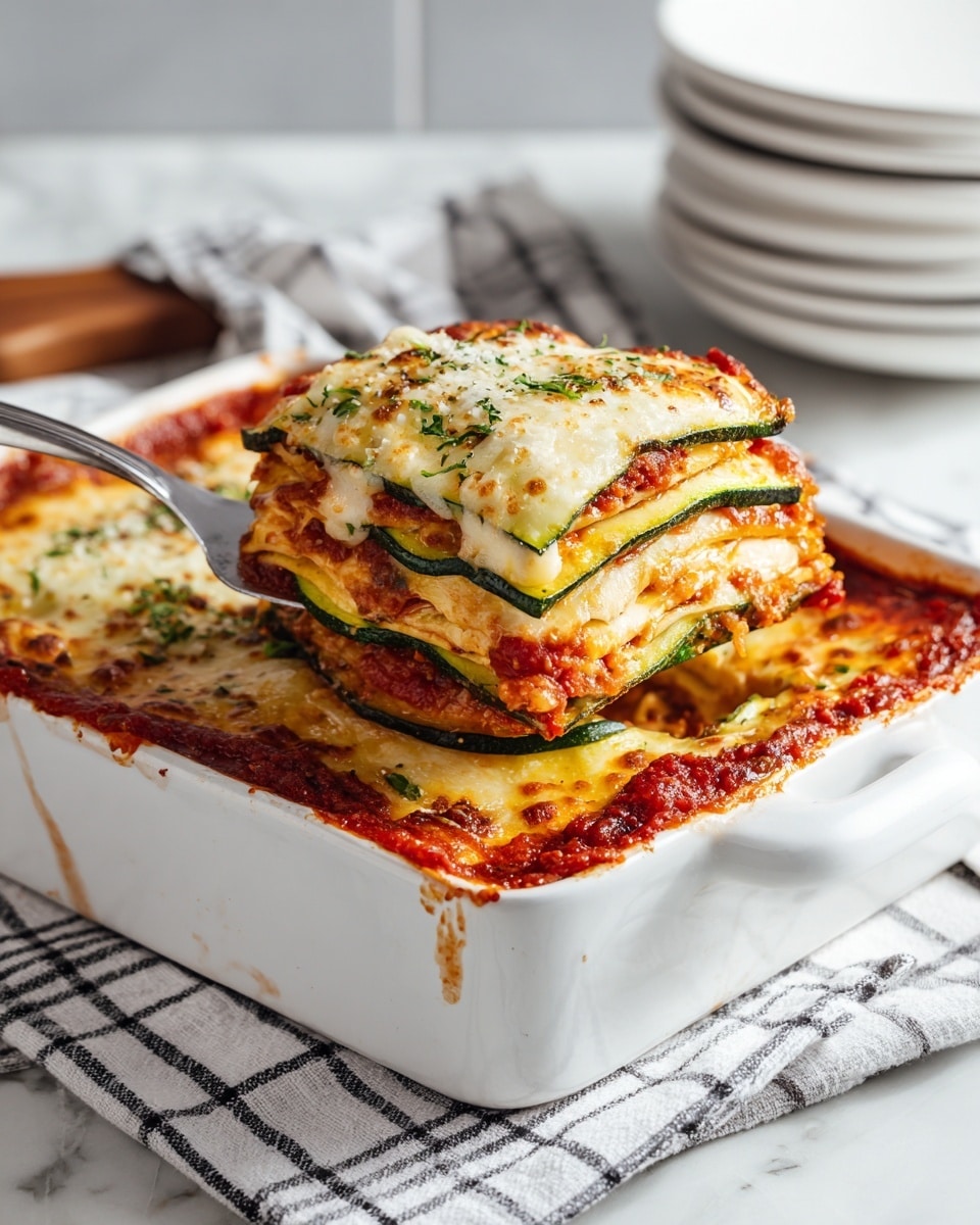 The dish shows two rolled zucchini slices filled with a creamy, greenish mixture that looks like spinach and cheese. Each roll is topped with melted, light yellow cheese that has browned slightly in spots. The rolls rest on a layer of red tomato sauce that covers the white plate. A few fresh green spinach leaves lie near the rolls adding a fresh touch. The background has ripe red tomatoes and a cloth with white and gray stripes on a white marbled surface. The photo taken with an iphone --ar 4:5 --v 7