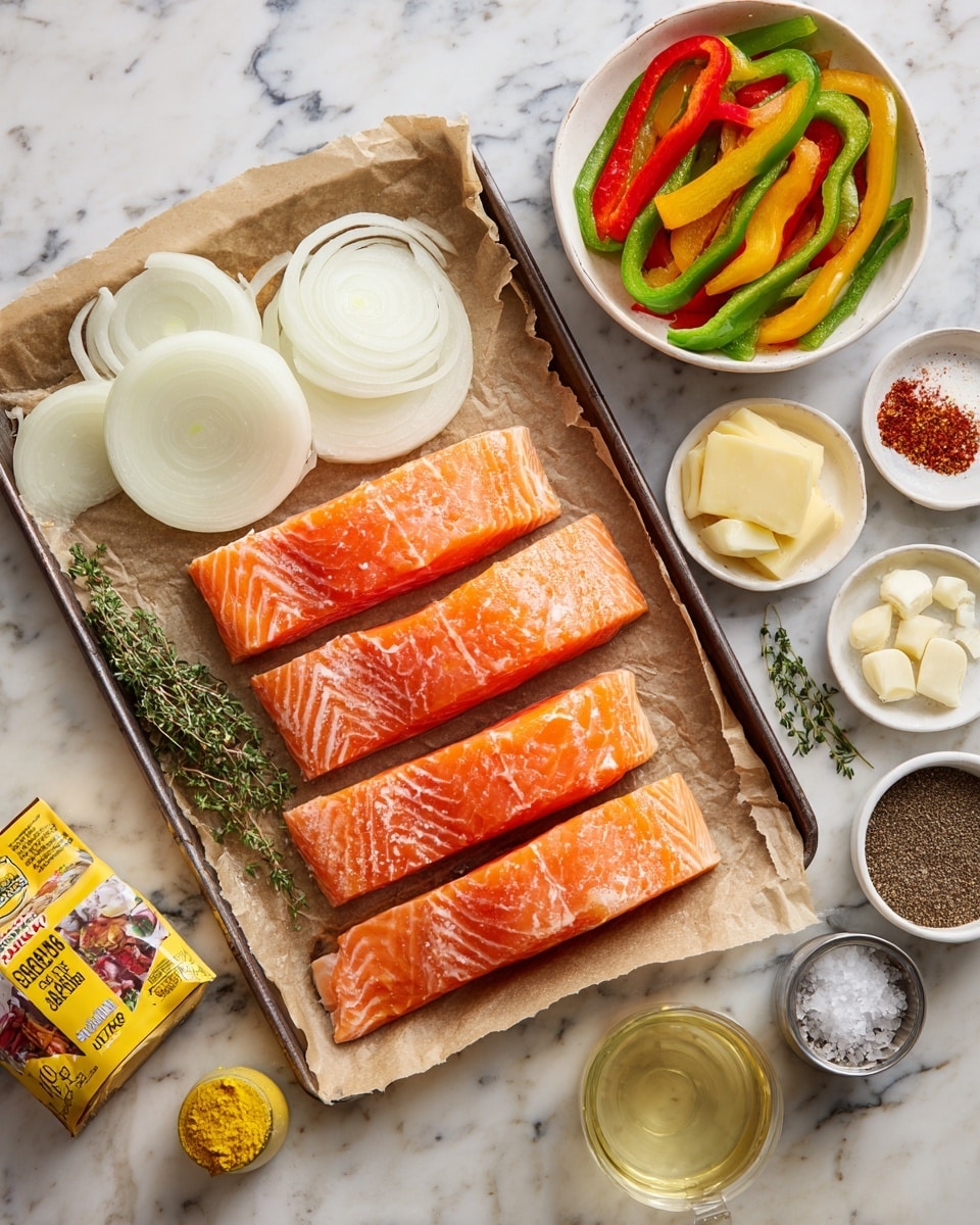 A metal tray on a white marbled surface holds four raw salmon fillets with bright orange and white marbled texture placed side by side on brown parchment paper. Above the salmon fillets are several slices of white onions with layers visible and sprigs of green thyme. To the right is a white bowl filled with long strips of green and red bell peppers. Small white bowls surround the salmon, containing light yellow butter, peeled white garlic cloves, and a mix of red and white seasoning. There is a small glass container with a yellow paste and another with dark brown powder. Near the bottom left, a yellow packet of curry powder with red and black text is placed next to a small metal cup of oil and two small whole peppers, one yellow and one green. At the bottom center, an open can of light coconut milk rests on its side, showing white liquid inside. Sprigs of thyme also decorate the bottom right of the tray. photo taken with an iphone --ar 4:5 --v 7