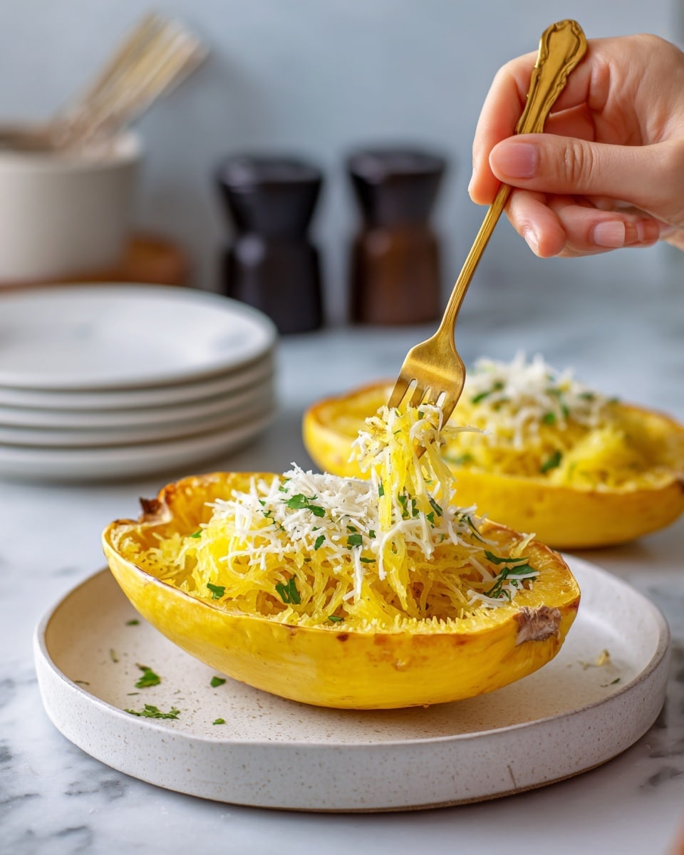 Two halves of yellow spaghetti squash are filled with light yellow cooked spaghetti-like squash strands mixed with bits of white cheese and sprinkled green chopped parsley on top. The squash halves are placed on a large white plate, with a golden fork resting on the plate beside the front half. The setting is on a white marbled textured surface, with blurred stacked bowls and black and white pepper and salt grinders in the background. photo taken with an iphone --ar 4:5 --v 7