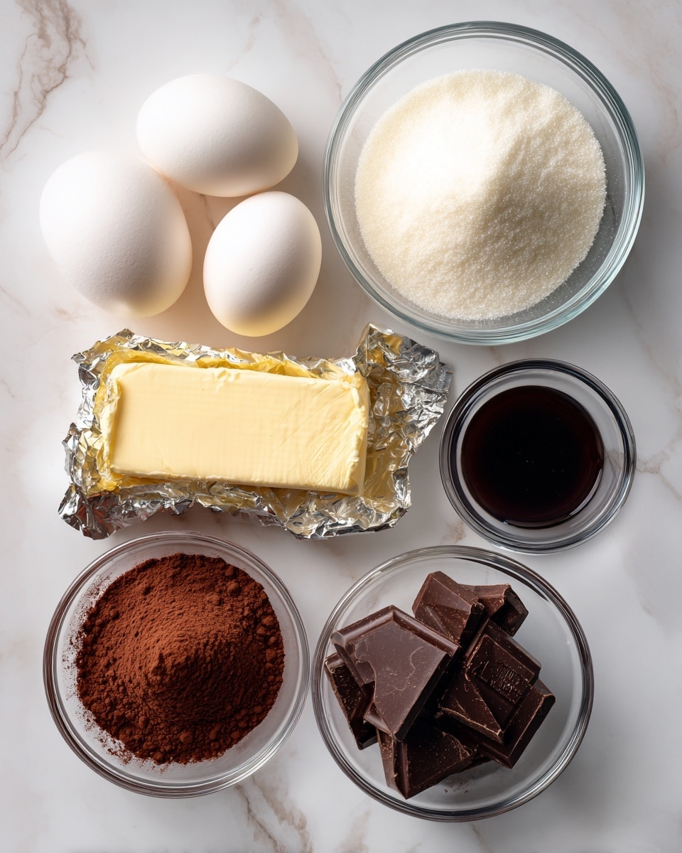 The image shows ingredients for baking arranged on a white marbled surface. There are four white eggs placed together on the left side. Nearby, a clear glass bowl filled with white granulated sugar sits at the top. Below the sugar bowl is an open stick of light yellow butter with its gold and silver wrapper partly open, and on top of the wrapper are many broken pieces of dark brown chocolate. To the right of the butter is a small clear bowl with a dark brown liquid, likely vanilla extract. Below this bowl is a bigger clear bowl filled with reddish-brown cocoa powder. Lastly, on the bottom left side, there is a small glass bowl holding dark brown espresso powder. The setup is neat and balanced, with each item clearly visible photo taken with an iphone --ar 4:5 --v 7