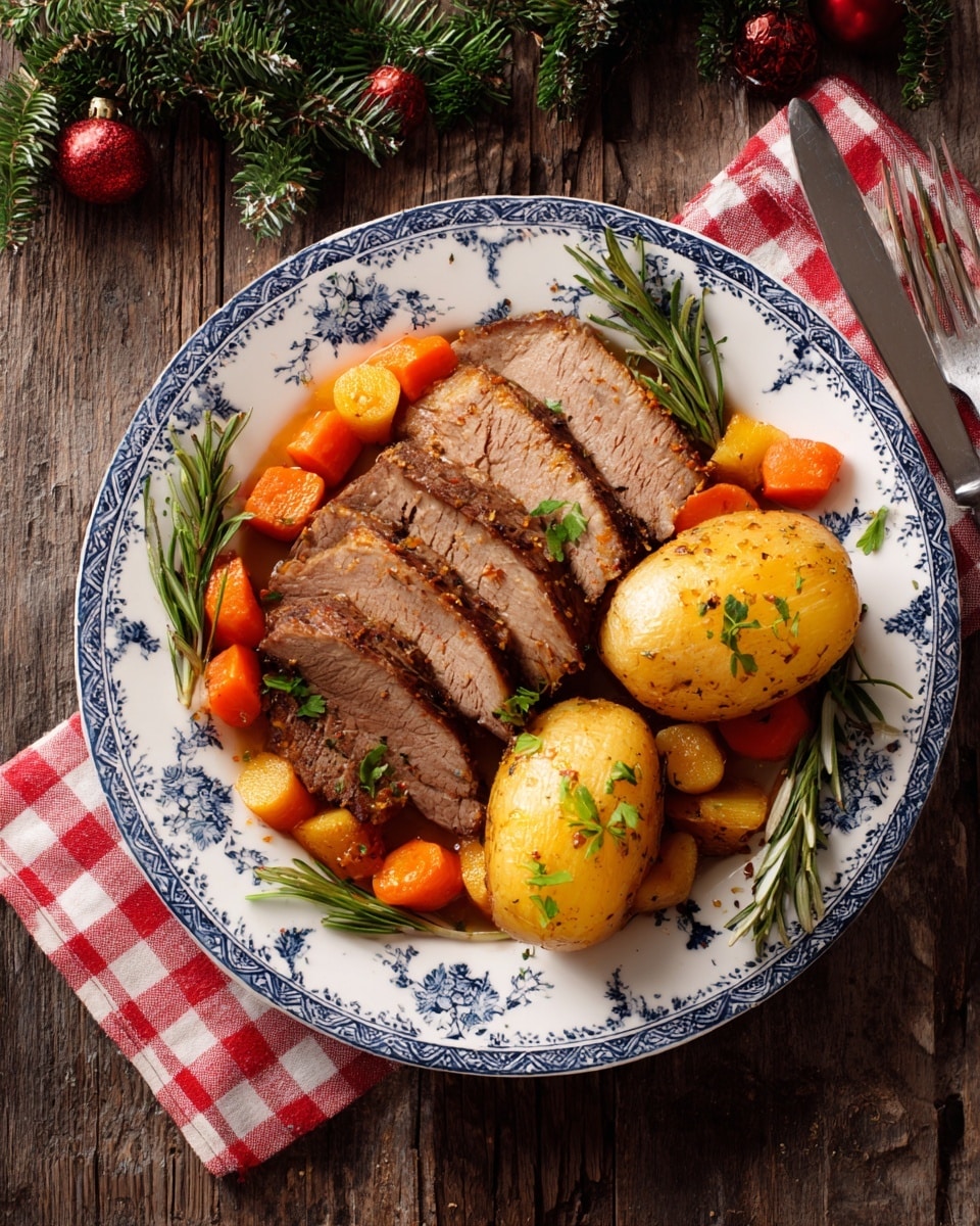 A white plate with blue floral designs holds a dish with three main parts: in the center, there are about eight thick slices of brown roasted meat arranged in a slight overlap; around the meat, small bright orange cooked carrots are scattered mostly on the left and bottom sides; on the right and left edges of the plate, there are two large baked potatoes that are broken open, showing soft, yellow inside with specks of herbs and seasoning; sprigs of green rosemary are placed on the top left and bottom right of the plate for decoration; the plate sits on a rustic dark wooden surface with some festive greenery and a red-and-white checkered napkin with a silver knife and fork beside it; photo taken with an iphone --ar 4:5 --v 7