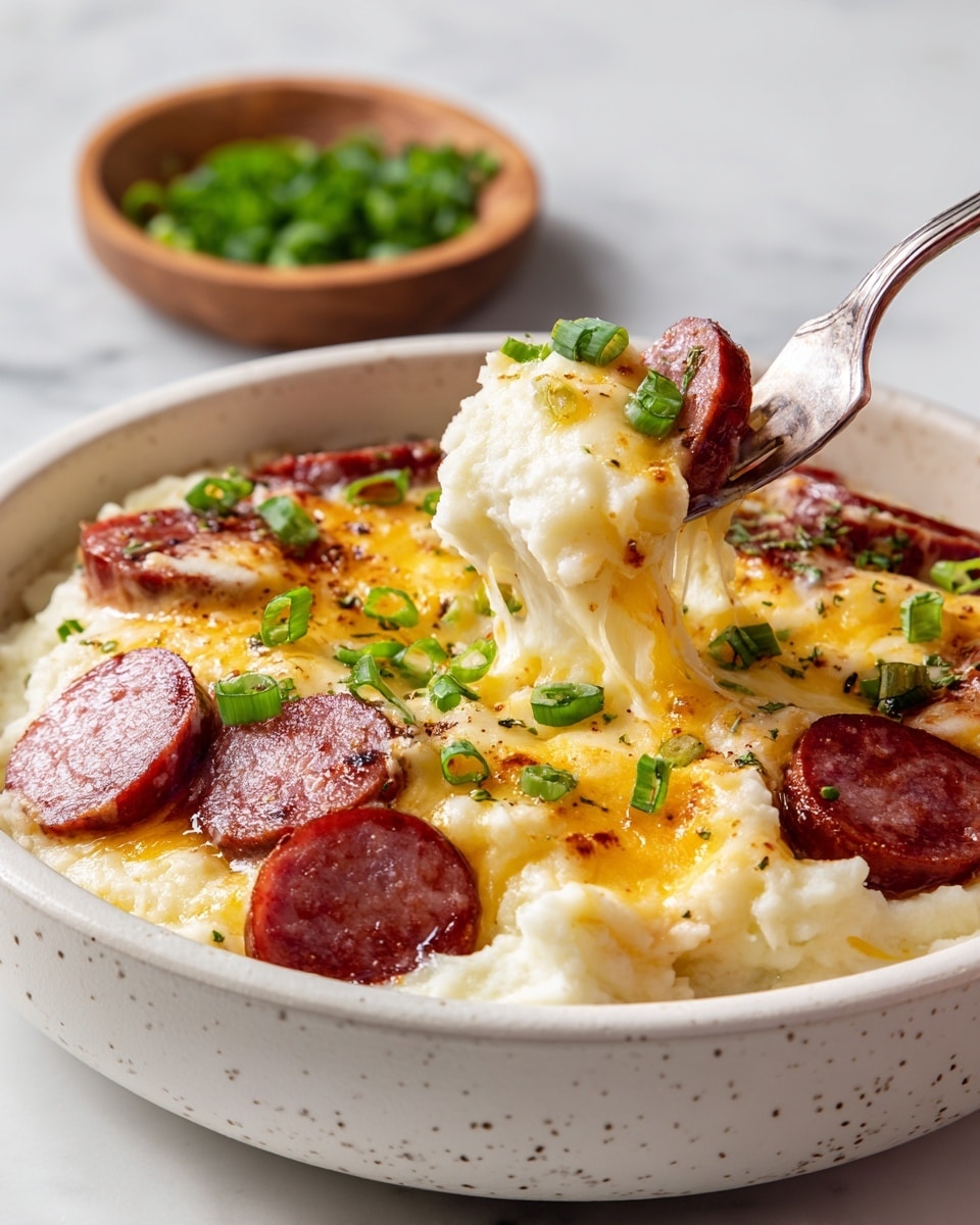 The dish is in a white speckled bowl on a white marbled surface, showing several layers: at the bottom, thick slices of reddish smoked sausage with a smooth texture, partially covered by a creamy white layer of mashed potatoes. On top, melted cheddar and mozzarella cheese form a golden and white coating with a slightly stretchy texture. Thinly sliced green onions are scattered on the cheese, adding small bright green spots. A fork is lifting a portion of the mashed potato and cheese, showing the layers clearly. In the background, there is a small wooden bowl with more chopped green onions. Photo taken with an iphone --ar 4:5 --v 7
