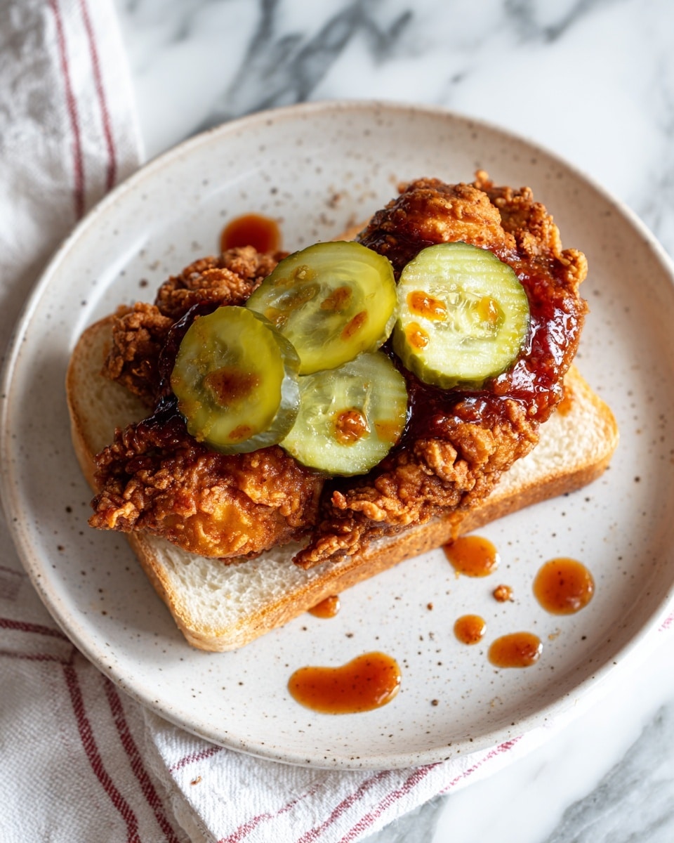 A single piece of crispy fried chicken with a dark golden brown crust sits on a slice of light beige bread with a soft texture. On top of the chicken, there are three round green pickles with visible ridges. The plate beneath is white with small, dark specks and droplets of reddish sauce scattered nearby. A white cloth with red lines is placed beside the plate, all set against a white marbled texture photo taken with an iphone --ar 4:5 --v 7