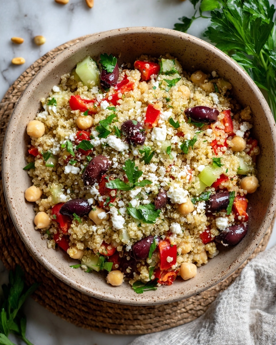 A clear glass bowl filled with a layered quinoa salad sits on a white marbled surface. The salad has multiple colorful layers, including small beige quinoa grains, light yellow chickpeas, deep purple Kalamata olives, bright red chopped tomatoes, pale green cucumber slices, white onion pieces, and sprinkled green parsley all mixed evenly throughout. Around the bowl, there are scattered fresh parsley sprigs, halved cherry tomatoes, and pine nuts lying on the white marbled surface. The photo is taken from above, showing the vibrant texture and colors of the salad with a bright and clean setting. photo taken with an iphone --ar 4:5 --v 7