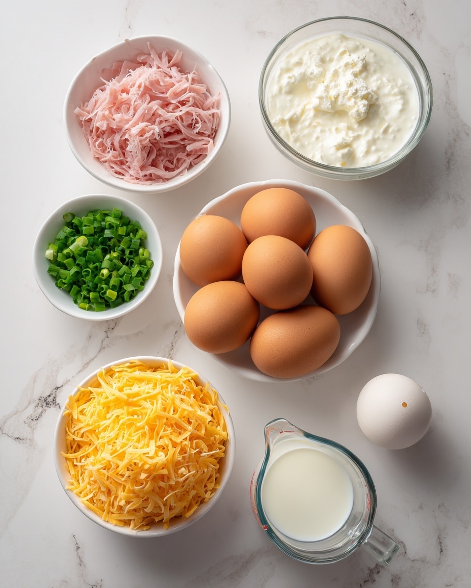 The image shows six brown eggs arranged in a small cluster on a white marbled surface. Around the cluster are four white bowls and a glass measuring cup. The top left white bowl contains pink shredded ham. Below that bowl is another white bowl filled with shredded yellow cheese. On the right side, near the bottom, the glass measuring cup holds white cream or milk. Above it, a small white bowl is filled with chopped green onions labeled as optional. Each ingredient is neatly placed and clearly visible, styled for clear presentation on the white marbled surface photo taken with an iphone --ar 4:5 --v 7