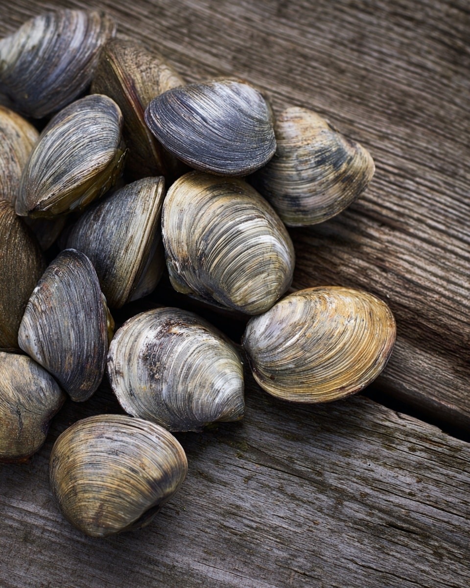 The image shows a group of closed clams arranged loosely over a wooden surface. The clams have rough, ridged shells with colors ranging from gray to light brown, some with darker patches and subtle white streaks. Each clam is oval-shaped and slightly curved, and they overlap each other naturally, creating a textured and raw look. The wooden surface underneath is old and weathered, with visible grain and lines that contrast with the clam shells. photo taken with an iphone --ar 4:5 --v 7