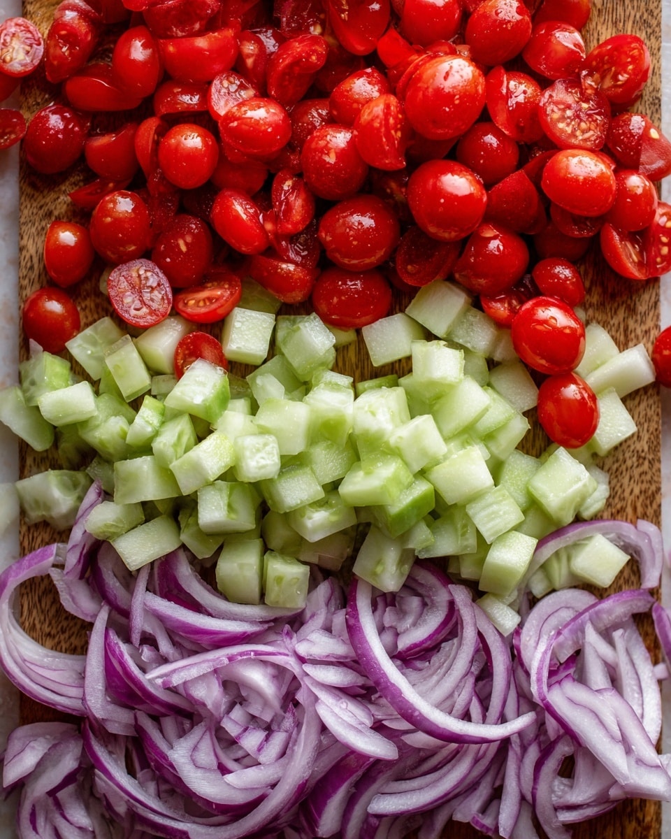 The image shows three layers of chopped vegetables arranged next to each other on a wooden surface. The top layer has round, bright red cherry tomato pieces with juicy texture. Below that, the middle layer is made of pale green cucumber chunks with a fresh, smooth look. The bottom layer shows thin, curved rings of purple-red onion with white inner parts scattered around. The background is a white marbled texture. Photo taken with an iphone --ar 4:5 --v 7