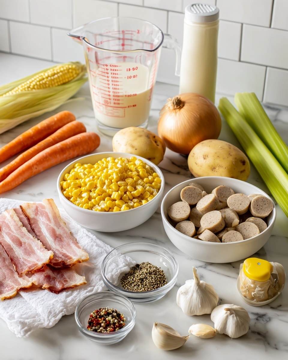 The image shows various cooking ingredients arranged neatly on a white marbled surface. In the center, two white bowls sit side by side; the left bowl is filled with bright yellow corn kernels, while the right bowl holds sliced sausage pieces with a light brown color and texture. Around the bowls, there are whole carrots with an orange hue, a pale green celery stalk, a large round onion with a golden brown skin, and two light brown potatoes. To the right, several slices of bacon with pink and white fat layers rest on a white cloth. In front of the bowls, there is a small clear glass bowl containing mixed black pepper and red chili flakes, and next to it, three cloves of garlic with a pale off-white color. Behind the corn bowl, there is a transparent glass measuring cup marked with red measurements, partially filled with a clear light liquid. A white bottle of cream stands just behind the onion. A small plastic bear-shaped container of honey with a yellow cap is placed near the front center. The background is a white tiled wall. photo taken with an iphone --ar 4:5 --v 7