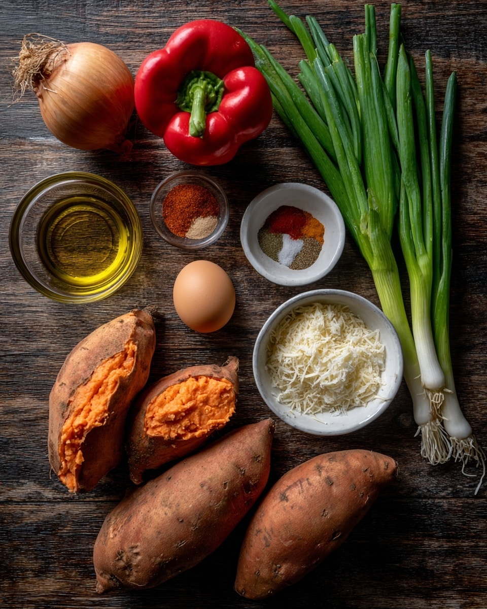 The image shows several fresh ingredients laid out on a dark wood surface with labels in white cursive text. From top left to bottom right, there is a small clear bowl with golden olive oil, a whole red bell pepper, a bunch of green scallions with white ends, and a whole red onion. To the right, a small white bowl holds a mix of spices including onion powder, Old Bay seasoning, garlic powder, salt, and pepper. Below, there are three whole sweet potatoes with rough orange skin, a small clear bowl of grated pale yellow parmesan, and a small clear bowl with one brown egg. All items contrast against the dark wood background, making the colors vivid and clear. photo taken with an iphone --ar 4:5 --v 7