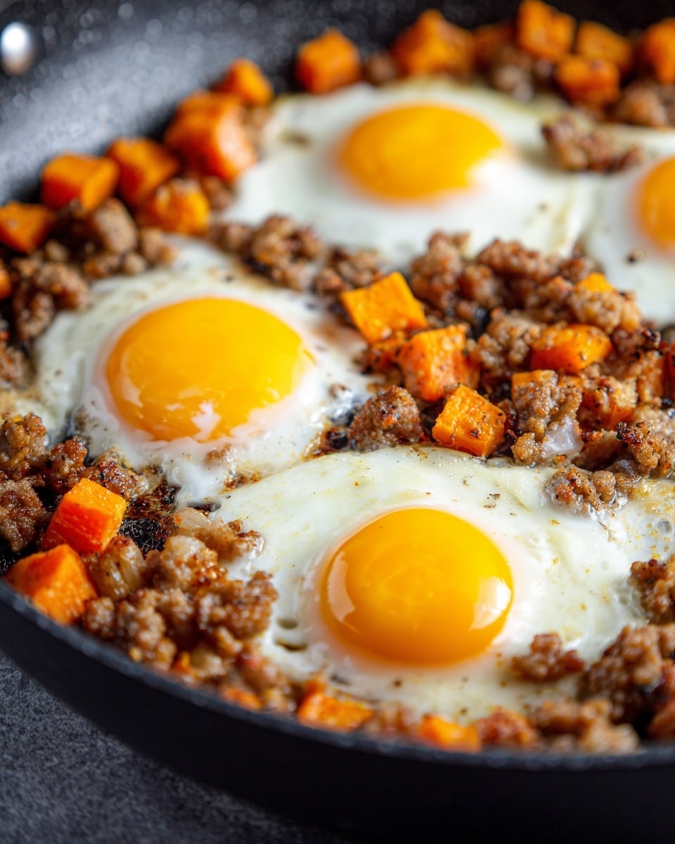 A white plate sits on a white marbled surface with a cloth underneath. On the plate, there are two main layers forming a circle: the outer layer has cooked orange-colored sweet potato pieces mixed with browned ground meat, and the inner layer has a cooked egg with a bright yellow yolk in the center. A woman's hand holds a fork, lifting a piece with orange sweet potato and some yolk dripping from it. In the background, there is a blue glass vase with green stems inside. Photo taken with an iphone --ar 4:5 --v 7