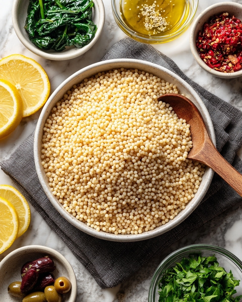 A white bowl full of small, round, light beige pearls of cooked couscous is placed in the center on a dark gray cloth. A wooden spoon rests inside the bowl on the right side. Around this main bowl, there are several small white bowls and clear glass bowls containing fresh green spinach leaves, olive oil, lemon juice, chopped red bell peppers, chopped green onions, black olives, and a mix of pepper and green herbs. Slices of fresh yellow lemon are placed on the left side. The setting is on a white marbled textured surface. photo taken with an iphone --ar 4:5 --v 7