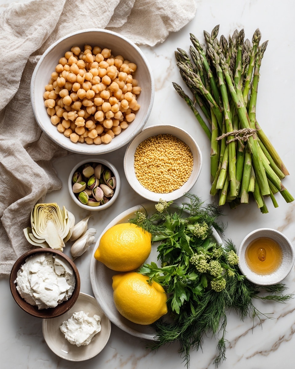 The image shows several fresh ingredients placed on a white marbled surface. In the center is a white bowl filled with round, light orange chickpeas. To the right of it, a bundle of green asparagus stalks is held together with a rubber band. Near the asparagus is another white bowl filled with small yellow grains. Below that, a white plate holds two sections of bright yellow lemons and a mix of fresh green herbs, including parsley and dill. To the left of the chickpeas, there is a small white bowl with pale artichoke hearts, a bowl with pistachios, and another bowl with white cottage cheese. Additionally, there are small dishes with mustard, honey, and a single garlic clove. A beige cloth is draped loosely on the left side. Photo taken with an iphone --ar 4:5 --v 7
