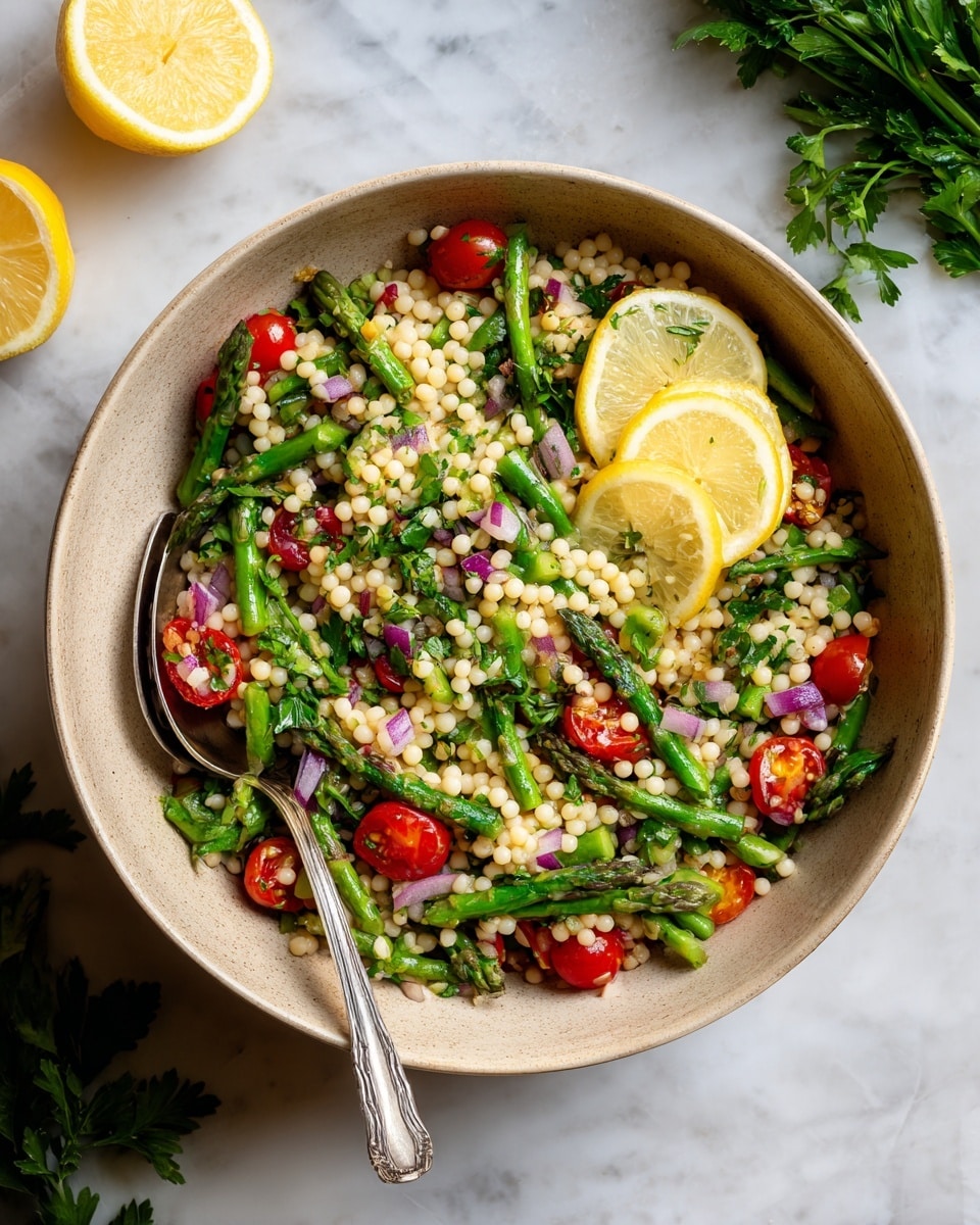 A round beige bowl filled with a colorful salad made of small white pearl couscous at the bottom, topped with bright green asparagus pieces, chopped red cherry tomatoes, and finely chopped purple onions scattered throughout. On the top right edge of the bowl, two lemon slices rest for garnish. A silver spoon is placed inside the bowl on the left side, with its handle pointing upwards. The bowl sits on a white marbled surface with some green parsley in the top right corner and lemon halves on the bottom left side. photo taken with an iphone --ar 4:5 --v 7