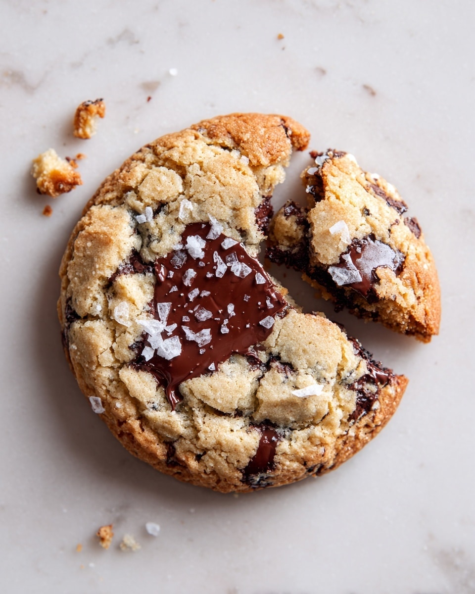 A single round cookie sits on a white marbled surface, with a part bitten off the top left side showing a crumbly texture inside. The cookie’s main color is golden brown with darker brown spots where melted chocolate chunks are scattered throughout. One large patch of melted chocolate sits toward the center, shiny and smooth, while smaller melted chocolate bits peek through the top crust that looks crisp and cracked. A few salt flakes are scattered over the top, adding contrast with their white, flaky texture. Some small cookie crumbs lie to the left of the cookie. photo taken with an iphone --ar 4:5 --v 7