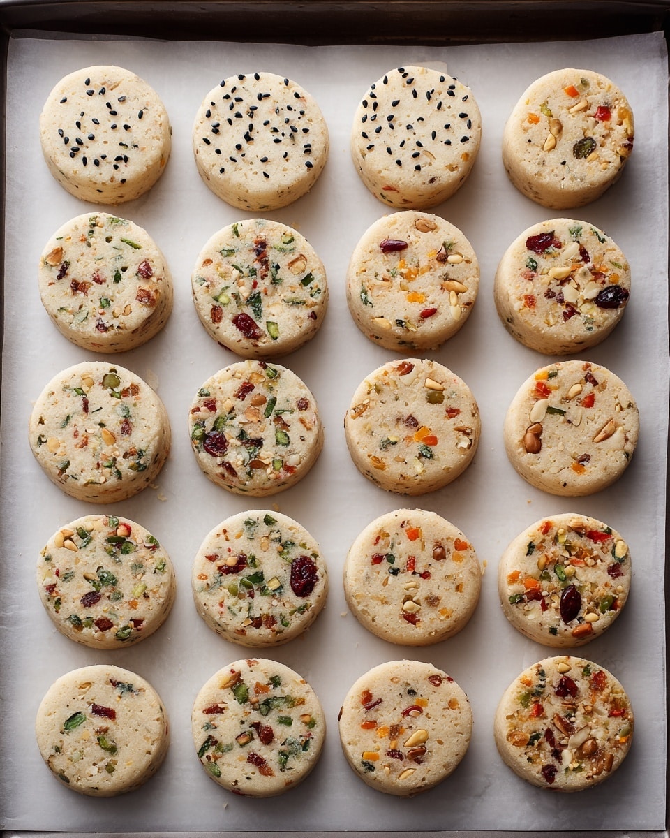 The image shows twenty round cookies arranged in five rows and four columns on white parchment paper placed on a baking tray. The cookies have three different visual styles: the first and last rows feature cookies with a light tan color and small black sesame seeds scattered evenly across the surface; the second and fourth rows have cookies with mixed nuts and dried fruit pieces in green, red, and brown embedded in pale dough; the third row contains cookies with small orange and green bits, likely candied fruit or herbs, scattered throughout the pale dough. Each cookie has a smooth top with slightly golden edges, and the white marbled texture is visible around the baking tray edges. photo taken with an iphone --ar 4:5 --v 7