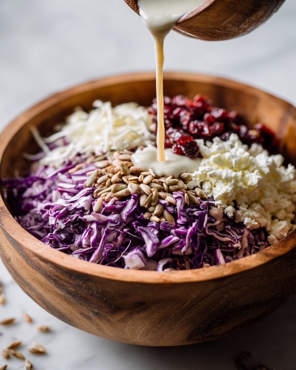 A wooden bowl filled with a colorful layered salad, showing deep purple shredded cabbage spread throughout, topped with a mound of white crumbled cheese, a pile of red dried cranberries, and a cluster of light brown sunflower seeds. A light creamy dressing is being poured over the middle of the salad, gently flowing down the layers. The bowl sits on a white marbled surface with a few soft shadows around the edges. photo taken with an iphone --ar 4:5 --v 7