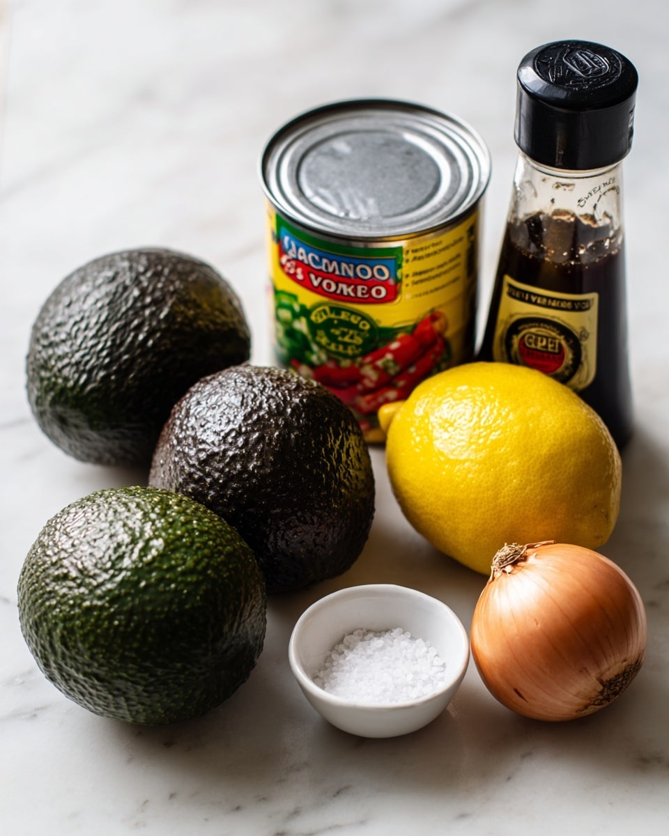 The image shows three dark green avocados with rough texture on the left side, a silver can of diced tomatoes and green chilies with colorful label placed center, a round yellow lemon and a golden brown onion placed on the top right, a small white bowl with coarse salt below the can, and a clear glass bottle of Worcestershire sauce with a dark label and black cap on the bottom right. All items are set on a white marbled surface with soft natural light. photo taken with an iphone --ar 4:5 --v 7