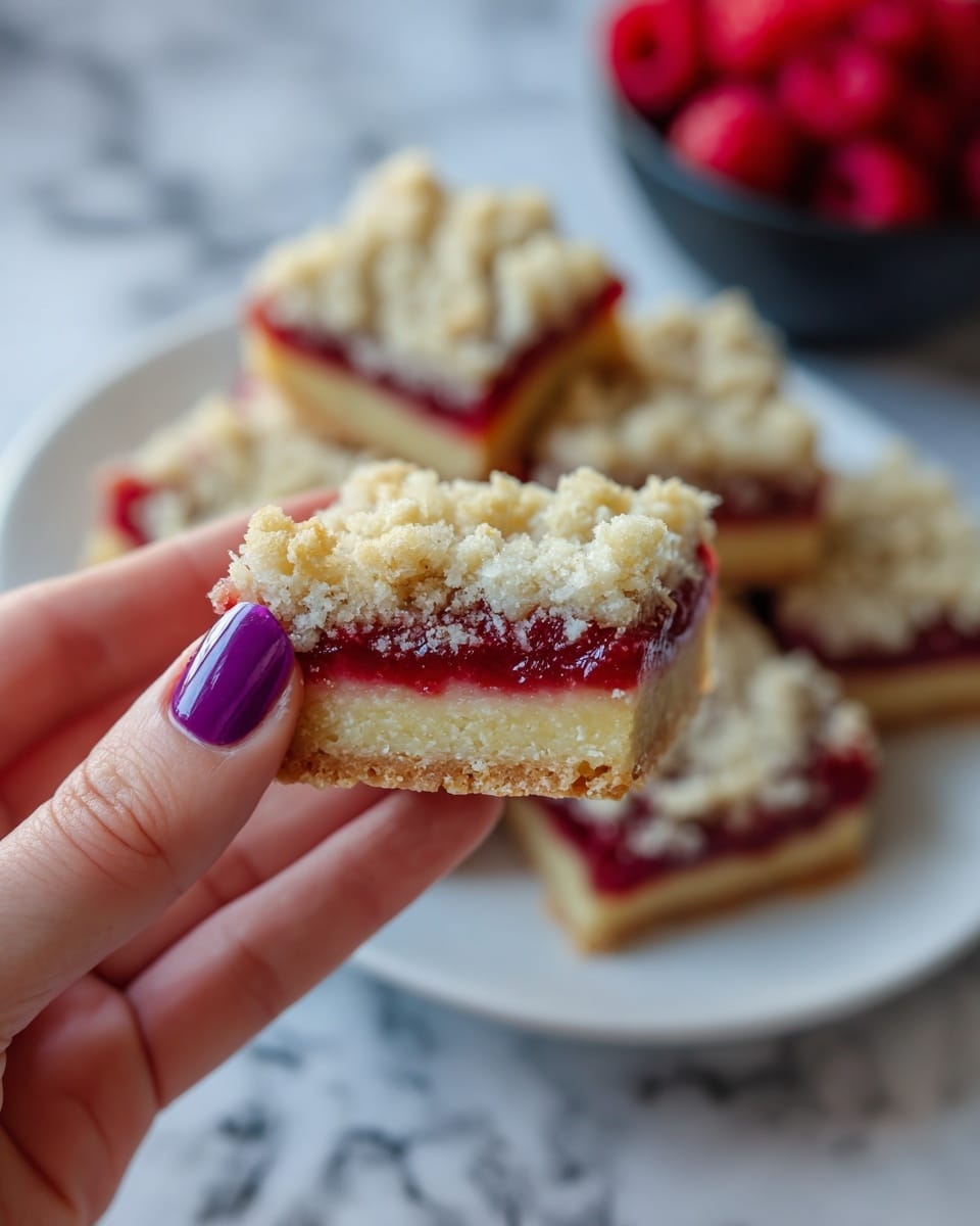 The image shows a close-up of a square dessert bar held between a woman's thumb and fingers with purple nail polish. The dessert has three layers: the bottom layer is a dense, pale yellow crust, the middle layer is bright red and appears to be a smooth, slightly chunky fruit filling, and the top layer is a crumbly, golden-brown streusel topping. Behind the focused dessert bar, a white plate holds several more bars stacked loosely. In the blurred background, there is a dark bowl filled with fresh red raspberries. The whole scene is on a white marbled surface. Photo taken with an iphone --ar 4:5 --v 7