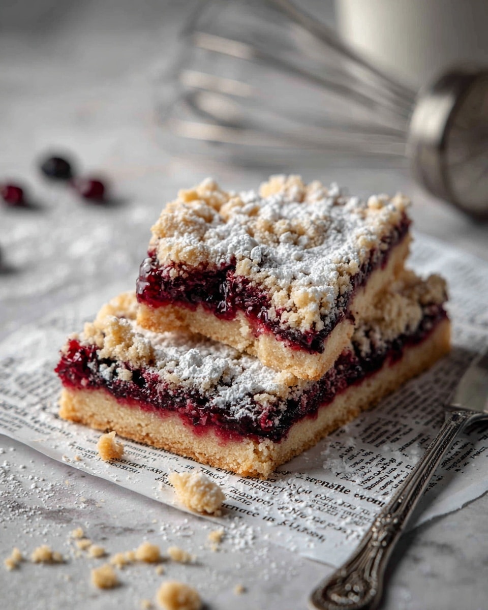 There are two rectangular crumb bars with a top layer of light golden crumbles and a middle layer of dark red berry filling. The bottom layer is a pale crust. One bar is placed on a piece of paper with printed text and has a bite taken from one corner. The other bar rests partly on white parchment paper over a white marbled surface with some crumbs scattered around. An ornate silver metal knife is partially visible under the parchment paper. In the top right corner, a metal whisk is placed on the white marbled surface. The lighting is soft and natural, enhancing the powdered sugar dusted lightly on the bars and scattered on the surface. photo taken with an iphone --ar 4:5 --v 7