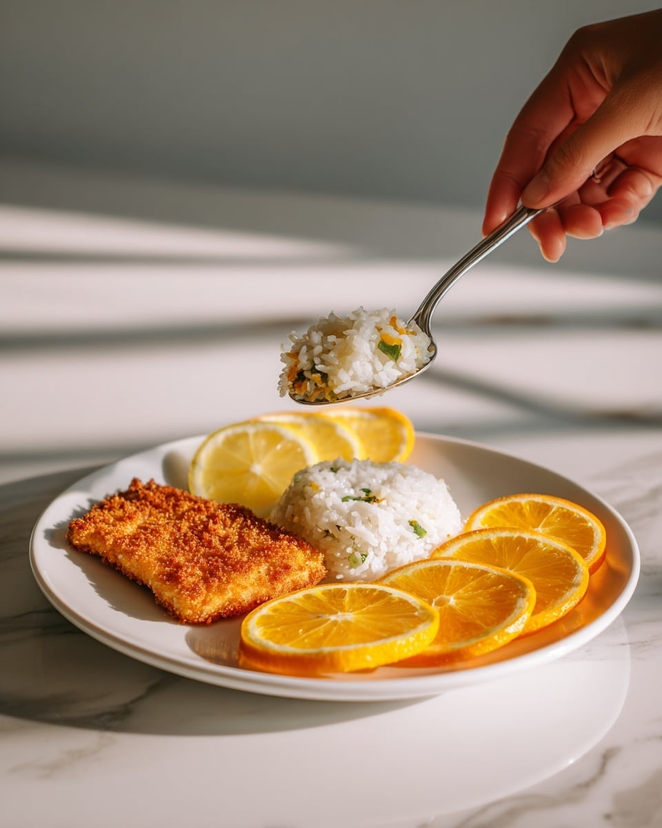 The image shows a white plate with three main layers: on the left side, there is a crispy brown fried piece of food with a rough texture; on the right side, a pile of cooked white rice mixed with small green vegetable pieces, creating a soft and fluffy appearance; at the bottom front of the plate, thin orange slices with bright orange skin and juicy inner fruit are arranged in a slightly overlapping row. Three lemon wedges with bright yellow skin are placed behind the fried food in the background. A silver spoon is holding a scoop of rice mixed with vegetables above the plate, with a woman's hand holding the spoon just out of frame. The plate is set on a white marbled surface with soft natural lighting highlighting the textures and colors. photo taken with an iphone --ar 4:5 --v 7