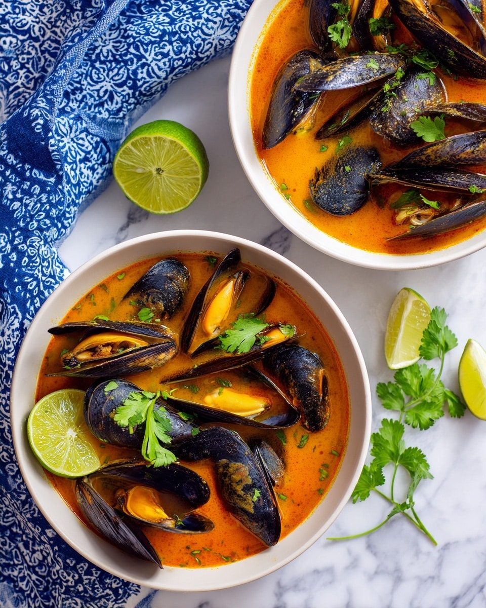 Two white bowls filled with orange broth and black mussels with orange flesh are placed on a white marbled surface. Each bowl contains six to eight mussels, some opened to show the soft interior, and a green lime wedge resting on the side. Fresh green parsley sprigs float on the broth and lie beside the bowls. A blue and white patterned cloth is partially visible in the top left corner of the image. Photo taken with an iphone --ar 4:5 --v 7