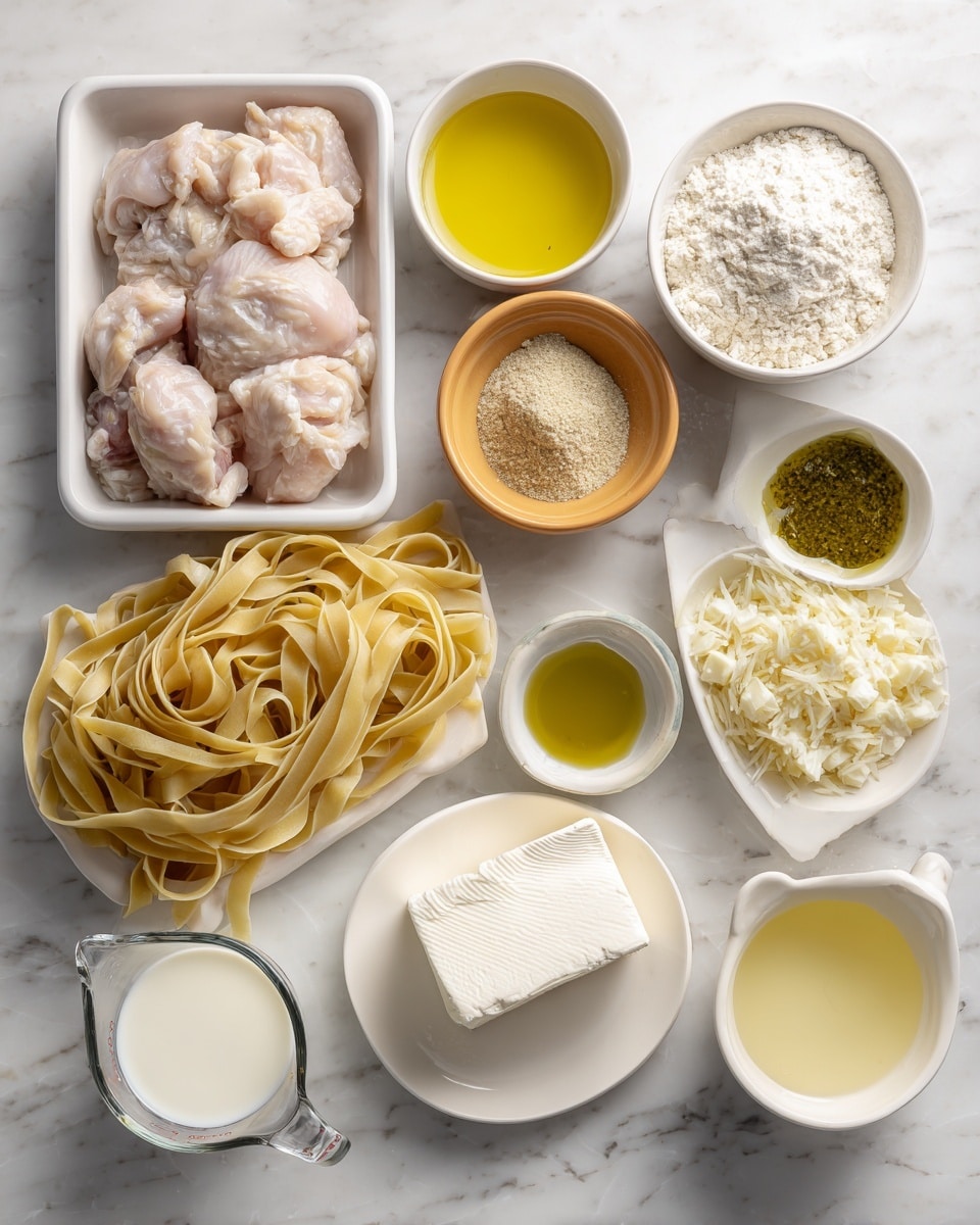 A flat lay image shows various cooking ingredients placed on a white marbled surface. At the top left is a white tray holding raw chicken, next to a white bowl filled with white flour on the right. Below the chicken is a small white bowl with yellow butter, and beside it to the right is another small white bowl with greenish olive oil. An orange bowl with light beige garlic powder is above the olive oil bowl. Near the center, a plate with a big block of white cream cheese sits to the right of a long bundle of pale yellow fettuccine pasta. A small white bowl with minced garlic is near the butter. At the bottom left, there is a glass measuring cup with white heavy cream, next to one with light yellow chicken broth, and another one on the right holding finely grated parmesan cheese. All items are clearly labeled with black text identifying each ingredient. photo taken with an iphone --ar 4:5 --v 7