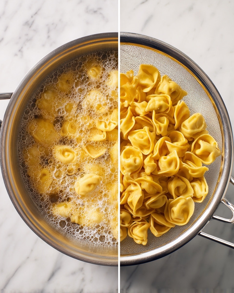 The image is split into two parts: the left side shows a close-up of tortellini pasta cooking in a silver pot filled with boiling water, where the bubbling foam surrounds the small, yellow pasta pieces that float on the surface. On the right side, cooked tortellini pasta is being drained in a silver mesh strainer, with water droplets falling through the holes and the shiny, smooth pasta piled inside, all set against a white marbled surface. photo taken with an iphone --ar 4:5 --v 7