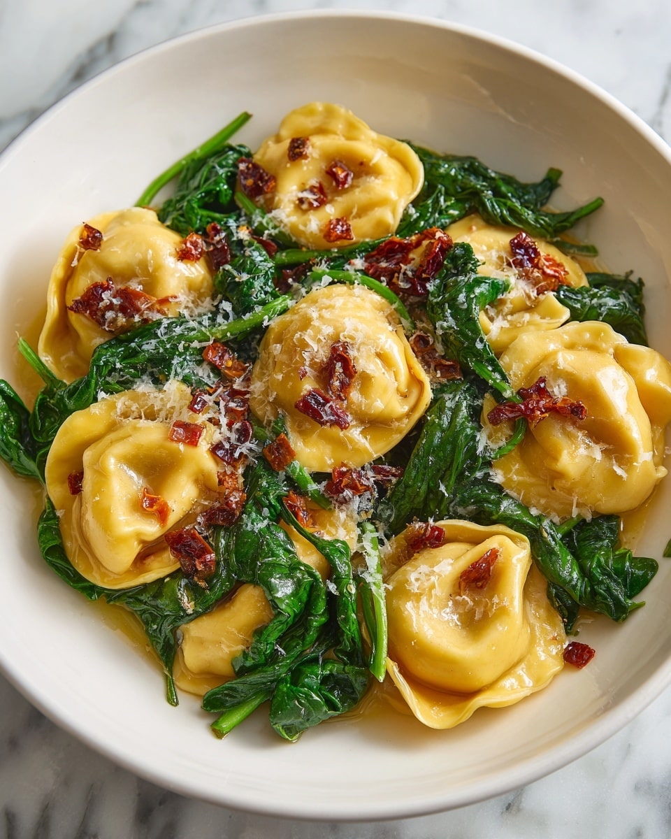 This image shows a wooden bowl filled with a pasta salad made of tortellini, fresh spinach leaves, sun-dried tomatoes, and grated cheese scattered throughout. The tortellini are pale yellow with a smooth, slightly shiny surface mixed evenly with bright green spinach leaves, dark red sun-dried tomatoes, and small white shredded cheese pieces. The ingredients are well combined, and the wooden bowl helps bring out the natural colors of the salad. The background has been changed to a white marbled texture. Photo taken with an iphone --ar 4:5 --v 7