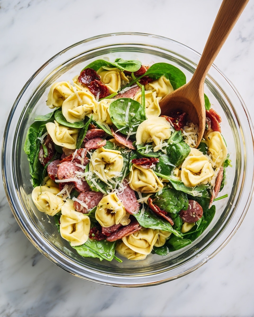 The image shows a clear glass bowl filled with a mixed pasta salad that has three main layers. The bottom layer is made of small, yellow tortellini pasta with a slightly glossy texture. Above it, there are pieces of pinkish sliced meat, scattered unevenly. On top, fresh dark green spinach leaves sit, some of them shiny with a light dressing. Sun-dried tomato pieces, small and dark red, are mixed throughout, adding a pop of color. Shredded white cheese sprinkles over the dish, creating small sharp details. A wooden spoon rests inside the bowl, mixing the salad. The bowl is placed on a white marbled surface. Photo taken with an iphone --ar 4:5 --v 7