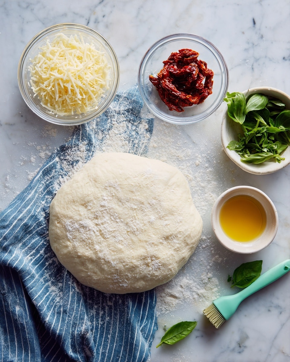 The image shows a flat rectangular sheet of dough dusted lightly with flour, placed on a white marbled surface. Below the dough, there is a striped blue and white cloth on which three small transparent bowls rest: the top bowl is filled with finely shredded pale yellow cheese, the middle bowl contains dark red sun-dried tomatoes with a slightly wrinkled texture, and the bottom bowl holds melted golden butter. To the right of the bowls, there is a small white bowl with fresh torn green basil leaves and a bright green silicone basting brush resting on the cloth near it. A few whole basil leaves are scattered near the bottom edge of the cloth. Photo taken with an iphone --ar 4:5 --v 7