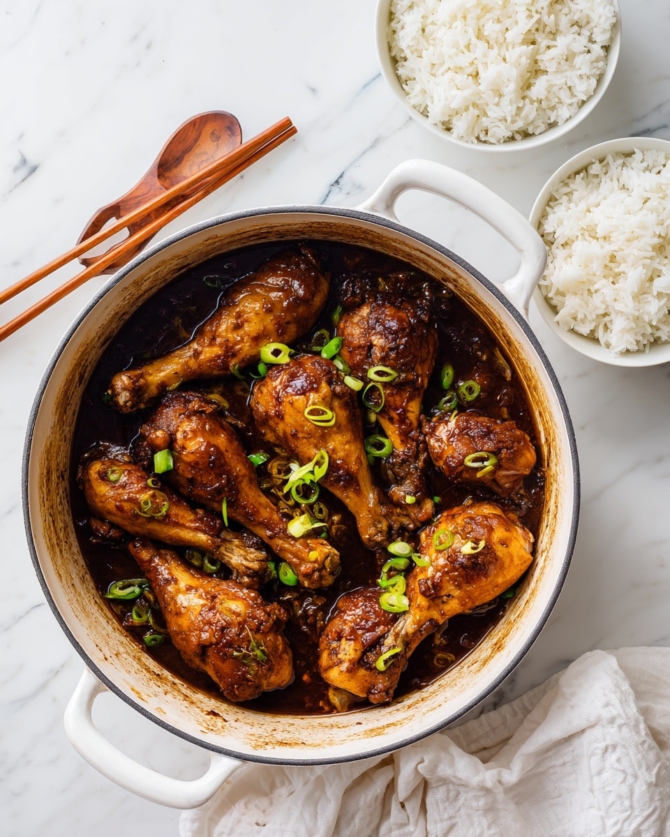 A close-up of a clay pot with two golden brown cooked chicken pieces on top, showing a shiny, slightly crispy texture. Below the chicken, there is a layer of white sticky rice with some light brown sauce stains. Scattered over the rice and chicken are long, dark green cooked scallions and a few small pieces of mushrooms. The pot sits on a wooden board, with wooden chopsticks resting on the edge. The background is a white marbled texture. Photo taken with an iphone --ar 4:5 --v 7