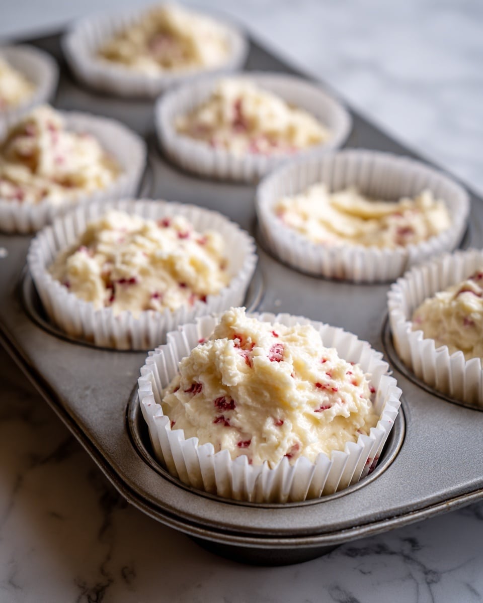 The image shows a close-up of a metal muffin tray filled with white paper baking cups. Each cup holds muffin batter that looks creamy and thick with small red pieces mixed inside, giving a speckled appearance. The batter is loosely piled in each cup, uneven on top with a soft texture. The scene is simple with focus on the batter-filled cups, all placed in a muffin tray on a white marbled surface. Photo taken with an iphone --ar 4:5 --v 7