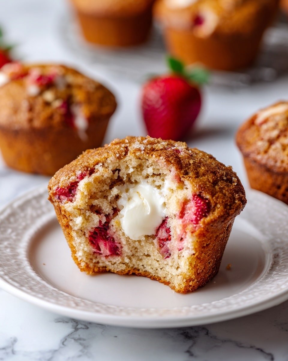 The image shows a close-up of a light brown crumbly muffin with visible pieces of red strawberries inside. The muffin is split open, revealing a soft, fluffy inside with a white creamy filling in the center. The muffin sits on a white plate with a delicate pattern around the edge, and other similar muffins are slightly out of focus in the background. A red strawberry is also visible behind the muffins on a white marbled surface. photo taken with an iphone --ar 4:5 --v 7
