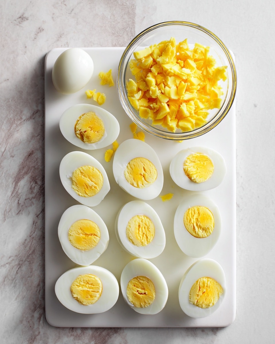 The image shows ten white hard-boiled egg halves placed neatly on a white cutting board with a few small pieces of yolk still inside some of them. Above the cutting board is a clear glass bowl filled with yellow sliced yolks. The background is a white marbled surface, giving a clean and bright look. photo taken with an iphone --ar 4:5 --v 7