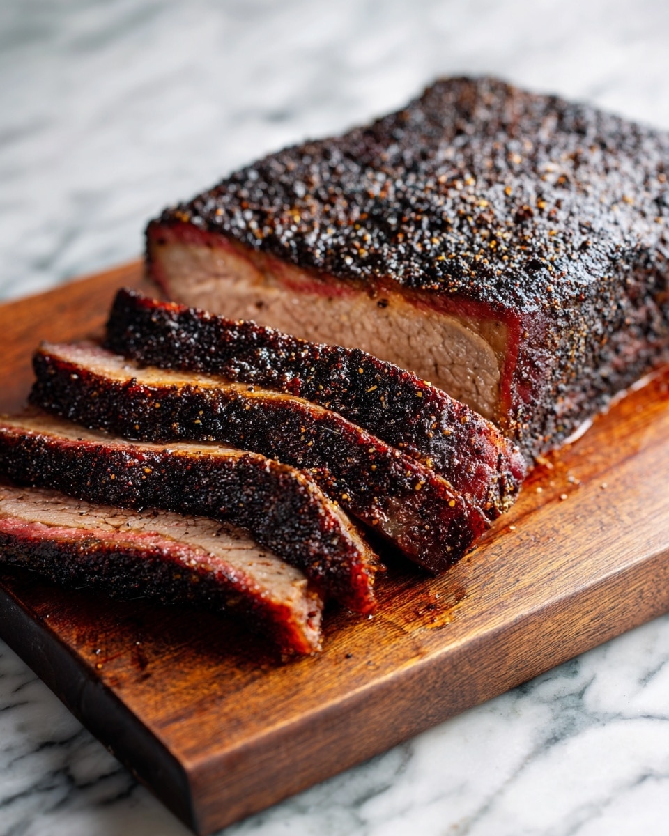 A close-up image shows a woman's hand holding a thick slice of dark brown smoked meat with a textured black pepper crust on the top and sides. The meat slice has two visible layers: a thick top peppery crust layer and a bottom brownish cooked meat layer with a slightly fibrous texture. In the background, more slices of the same meat lie flat on a wooden surface. The overall colors are shades of brown and black with a rough crust texture. photo taken with an iphone --ar 4:5 --v 7