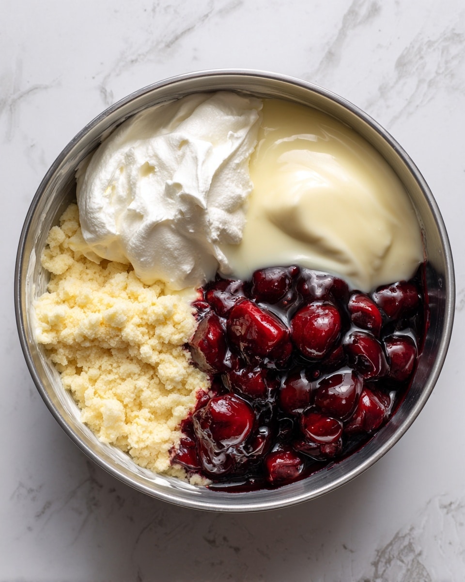 A metal bowl shows four separate layers of ingredients arranged side by side. In the top left is a soft white whipped cream with a fluffy texture. Below it on the left is a rough, pale yellow layer that looks like crushed fruit. On the right of this yellow layer is a glossy dark red mixture of whole cherries or berries. The top right is a smooth off-white liquid pouring slightly over the red layer. The bowl sits on a white marbled surface. Photo taken with an iphone --ar 4:5 --v 7
