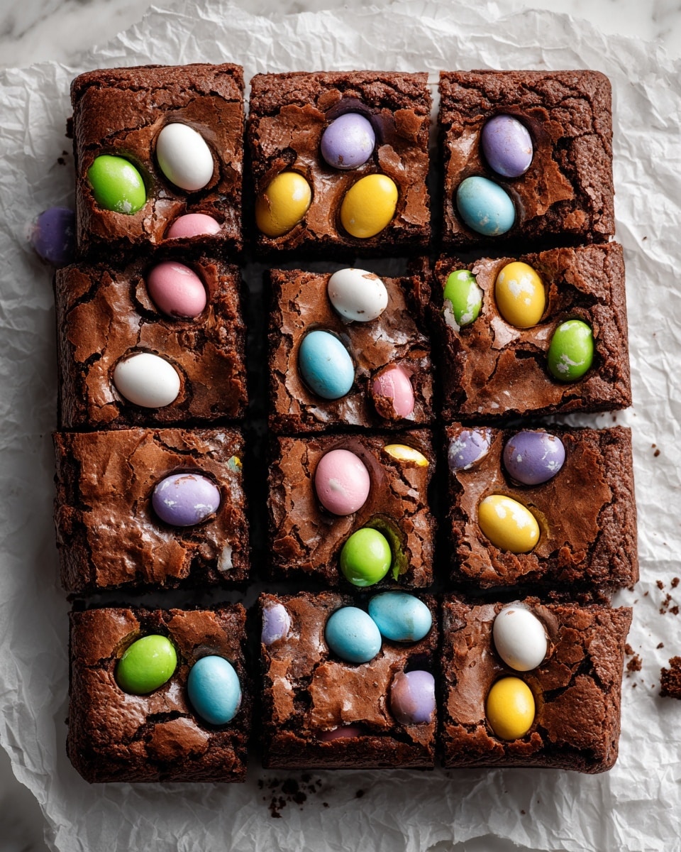 The image shows a batch of chocolate brownies cut into 16 square pieces, laid out on crinkled white parchment paper. Each brownie has a shiny, slightly cracked dark brown top layer with colorful candy-coated chocolate eggs pressed into the surface. The candies are in pastel and bright colours including white, pink, green, yellow, blue, and purple, with cracked shells revealing chocolate inside. The brownies look moist on the inside and have a rich chocolate texture beneath the crackled top. The background is a white marbled texture. Photo taken with an iphone --ar 4:5 --v 7