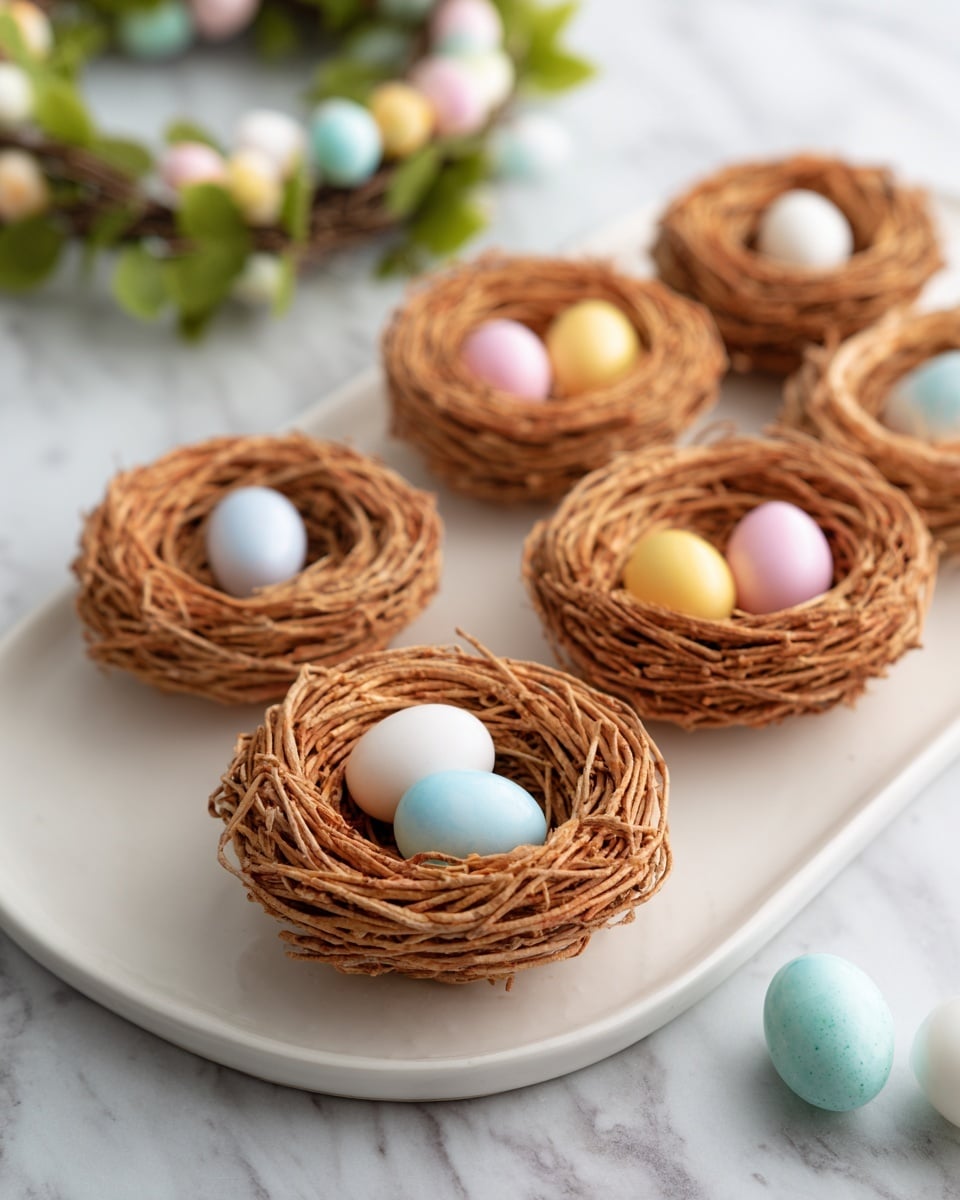 A gold muffin tray holds six nests made from light yellow, shredded dough shaped loosely in circular nests with thin, irregular strands forming the sides and base. Each nest is filled with three small, smooth eggs in pastel colors including blue, yellow, pink, and white, resting in the center. The tray sits on a white marbled surface, adding slight gray and beige veins in the background. Photo taken with an iphone --ar 4:5 --v 7