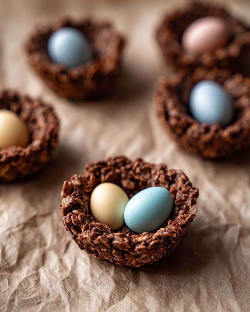 The image shows several small bird nest-shaped treats made of dark brown oats mixed with chocolate, arranged on a crinkled beige paper surface. Each nest is hollow in the middle and holds three small, smooth eggs in pastel colors including blue, yellow, light pink, and white. The texture of the nests looks rough and chunky from the oats, with the eggs sitting snugly on top. The nests are scattered across the surface with clear focus on one nest in the center, while the background nests are softly blurred. photo taken with an iphone --ar 4:5 --v 7