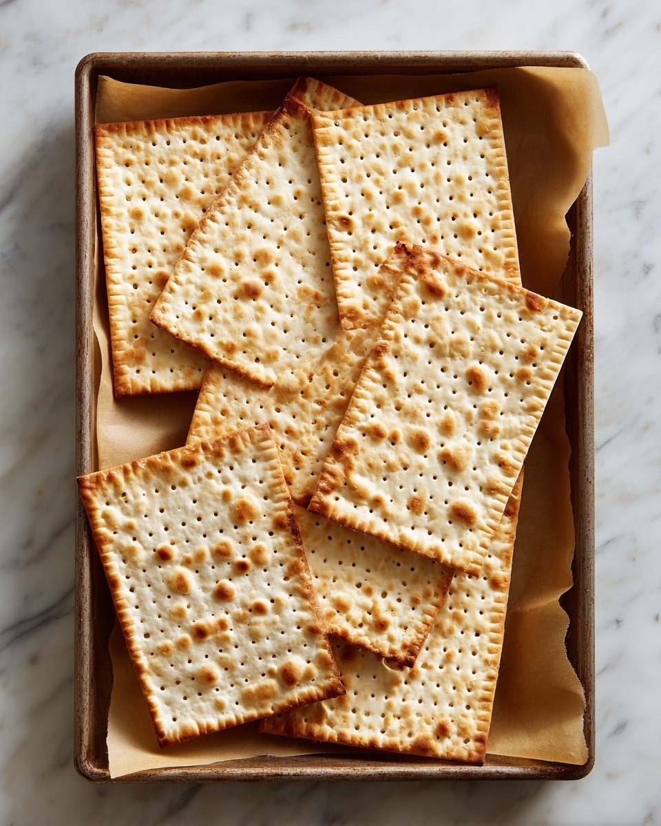 The image shows a baking tray lined with light brown parchment paper, filled with six large, square to rectangular pieces of matzah, a flat, toasted bread with a pale cream color and evenly spaced small holes across its surface. The matzah pieces vary slightly in size and shape; four are perfectly square while two are narrow rectangles, all with light brown toasted spots scattered throughout. The tray rests on a white marbled surface. photo taken with an iphone --ar 4:5 --v 7