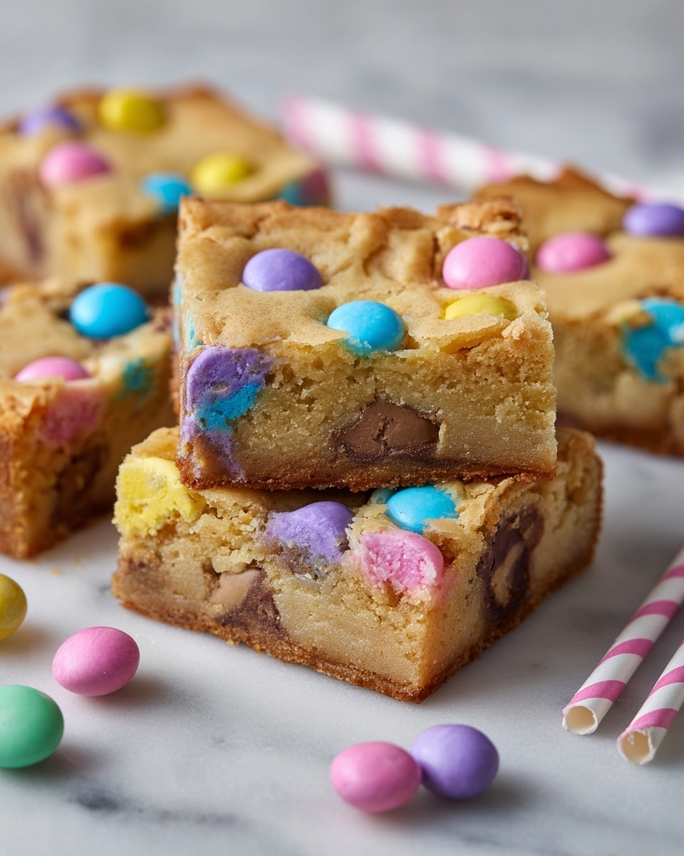The image shows thick square blondie bars with a rough and cracked top layer in light golden brown. Each bar is decorated on top with colorful candy-coated chocolates in pastel shades of pink, purple, yellow, blue, and green. The bars reveal a slightly dense and chewy texture with visible chunks of melted chocolate inside. The brownies are placed directly on a white marbled surface with some chopped straw-like elements in the background and two striped paper straws visible behind the bars. Photo taken with an iphone --ar 4:5 --v 7