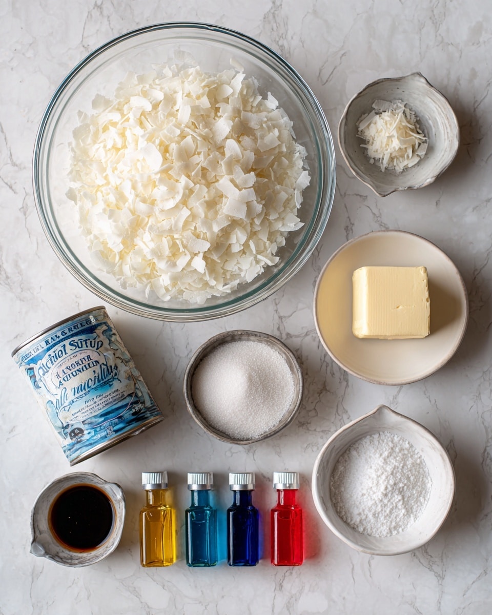 A clear glass bowl filled with white medium coconut flakes sits at the top center of the image on a white marbled surface. To the right of it is a small white bowl holding a square of pale salted butter. Below these, a small silver cup labeled almond extract, a small can of sweetened condensed milk with a blue and white label, and a small silver bowl full of white powdered sugar are arranged. Near the bottom of the image, a small cup with dark vanilla extract and three small bottles of liquid food coloring in red, yellow, and blue are placed in a row. The composition is well lit and neat, with all items clearly visible. Photo taken with an iphone --ar 4:5 --v 7