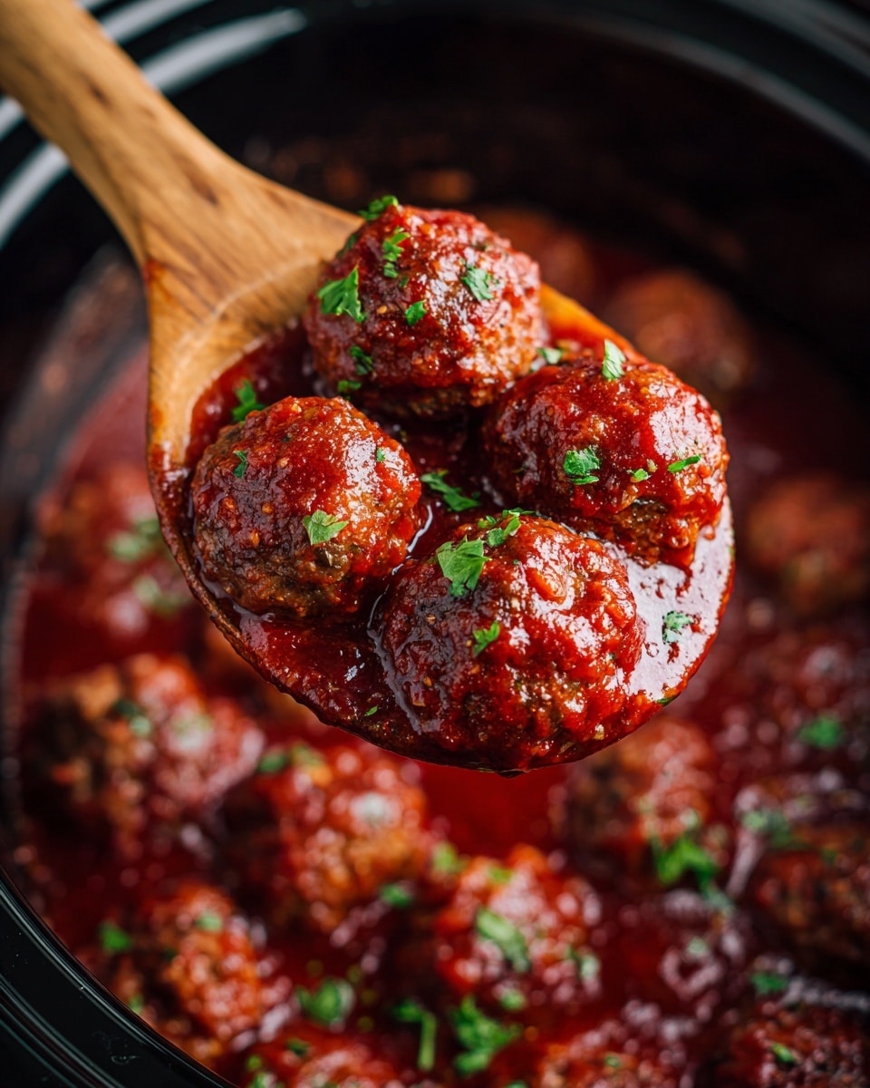 A black slow cooker is filled with two layers of small round meatballs covered in thick, shiny dark brown sauce with a smooth texture. A silver spoon lifts a cluster of four meatballs in the top right side of the cooker. Around the cooker on the white marbled surface are small bowls with fresh red cranberries, green herbs, and a clear container with wooden toothpicks, along with a red and white striped cloth on the lower left. Photo taken with an iphone --ar 4:5 --v 7
