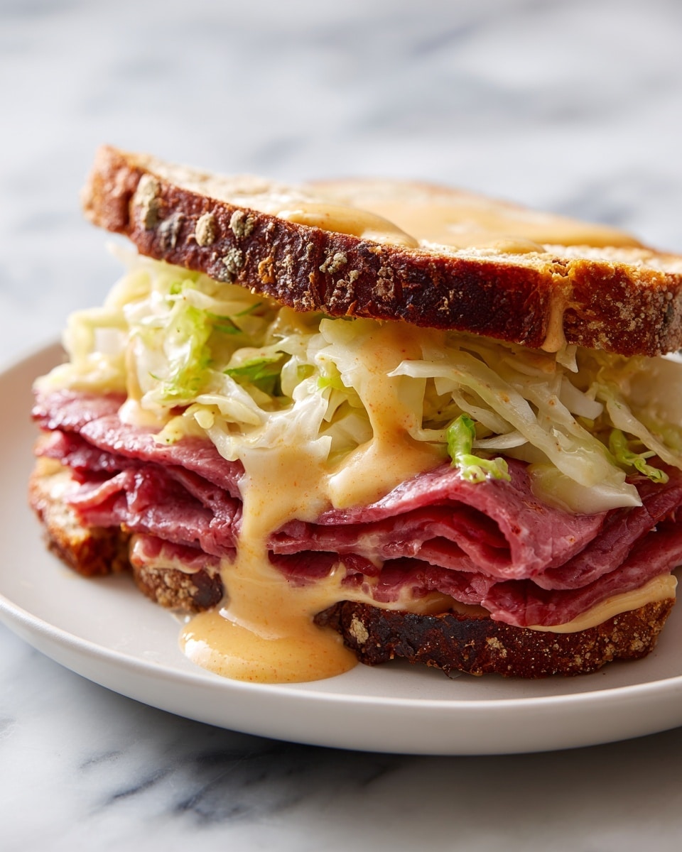 This sandwich has three main layers placed on a white plate with a white marbled surface underneath. The bottom layer is a soft brown and white rye bread slice. Next, there are slices of pinkish-red meat with a thin edge of dark crust. On top of the meat is a yellowish-green pile of shredded cabbage or sauerkraut. The entire top layer is drizzled with a creamy orange sauce that covers parts of the cabbage and meat. The top slice of bread is unevenly placed, showing both brown and white colors. Photo taken with an iphone --ar 4:5 --v 7