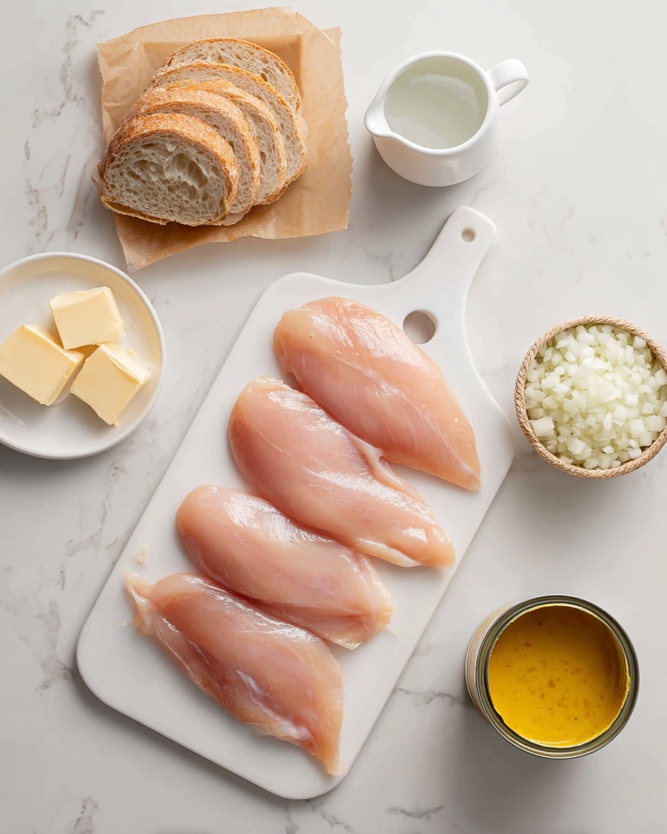 Four raw chicken fillets lie flat on a small white cutting board with a round hole at the top center. To the left of the board, there is a stack of sliced bread wrapped with brown paper and a small white bowl holding two small pieces of butter. To the right of the board, a small white jug with water, a bowl filled with finely chopped white onions in a woven container, and an open can of yellow mustard or sauce are arranged. All items are placed on a white marbled surface. Photo taken with an iphone --ar 4:5 --v 7