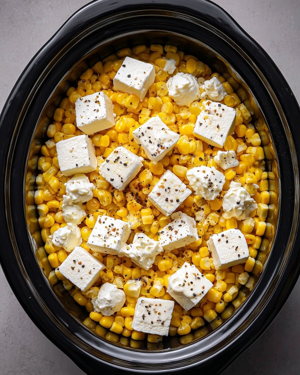 The image shows a black slow cooker filled with bright yellow corn kernels as the bottom layer, topped with uneven white butter cubes and soft white cream cheese dollops scattered all over. The butter and cream cheese pieces are sprinkled with small black pepper flakes, adding subtle dark specks to the light toppings. The overall look is a mix of small, round yellow corn pieces and chunky creamy white toppings, all inside the black slow cooker bowl. photo taken with an iphone --ar 4:5 --v 7